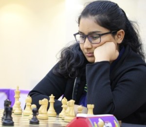 Indian WIM Aakanksha Hagawane in action during her 8th round match of the SBI Life-AICF Women Grandmaster Chess Championship.