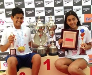 Outstanding performers of the 32nd Otters Open Swimming and Diving Championships- Armaan Sikka and Kenisha Gupta with their trophies.