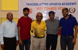 (From left to right) Wiron Vaz, Vice-President, MSDAA, Firoz Ustad, co-founder Trackblazers, V. Govind Bala, Arthur Fernandes, Hon. Gen. Secretary, MSDAA and Chirag Patel, also co-founder Trackblazers, seen at the media briefing to announce the launch of the inaugural 'Tracknights'.