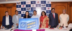 : Amruta Fadnavis (centre), Patron of the WTA $125K L&T MUmbai Open, is seen unveiling the event logo in the presence of Pravin Singh Pardeshi, IAS;  Nitin Kareer, Chairman of the organizing Committee, Pallavi Darade, IRS, Organising Secretary; Tournamnet Director, Prashant Sutar and S V Desai, Executive Vice President & Head -- Heavy Civil Infrastructure Independent Company, representing L&T, Bharat Oza - President MSLTA, and Mr. Kekoo Nicholson, President CCI.