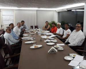 From L to R Clockwise : Mr. Sanjay Jaywant, Kishan Shah, Amit Pujara, Vipul Dalal(From CCI), Vyoma Parikh,Sachin Bharati, K.K.Cheema & Munish Dhavan ( From Racketlon Association)during their meeting at CCI to introduce Racketlon Sport tourney.   