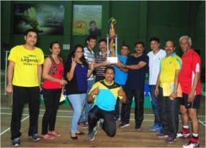 Winners of the T.R.N Swamy Memorial badminton Tournament pose for a photo together. 