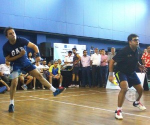 Romit Nagpal (left) and Tarun Mansukhani of NSCI 'A' in action during their double match at the ongoing Motiram Club (for men)Inter-Club badminton tournament.