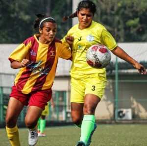 A Footie First defender (right) and Snigmay FC attacker challenge for ball possession during their WIFA Women’s Football League played at the Cooperage Football ground.