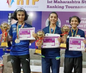 WINNERS ALL… (from left to right) Thane’s Shubha Bhat (girls’ U-21), Taneesha Kotecha (girls’ U-17) and Sayali Wani (girls’ U-19), all three emerged champions in the RYP-Dr. Ramesh Yashwant Prabhoo Memorial 1st Maharashtra State Ranking Table Tennis Tournament 