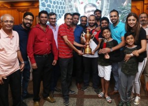 The victorious P.J. Hindu Gymkhana players pose with the winners’ trophy after defeating Elphinnstone CC in the final of the CCI Kekoo Nicholson BSAM Billiards League 2019.