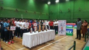 AISPB Joint Secretary, Dhanraj Pillay, a four-time Olympian and India hockey captain addresses the players and officials from the various teams during the opening ceremony of the Central Zone Inter-State Badminton Championships 2017