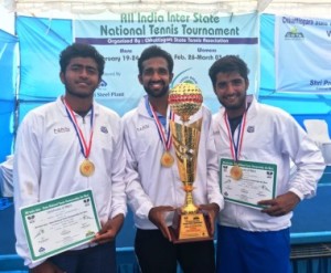 The victorious Maharashtra men's team with the Inter-State Tennis Championship trophy. (from Left) Aryan Goveas, Arjun Kadhe and Kunal Vazirani