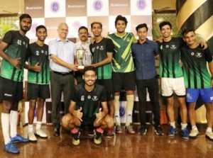 The victorious Kalina Rangers players receive the Late Darryl Crasto Memorial Trophy from Chief Guests M.M. Somaya and Joaquim Carvalho at the prize distribution function. 