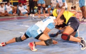 Kabaddi match action at the Amar Hind Mandal organised Pro Kabaddi tournament at Dadar. today. 