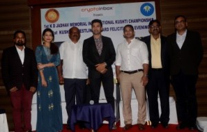 (L-R) Coach Bhupesh K, Payal Rohatgi, Actress, Ranjit Jadhav (Son on Lagendary KD Jadhav) Sangram Singh (Promoter, KD Jadhav Kusti Championship_  Subhash Jewria (Owner, Crytoinbox) & Col R.Singh, Sangram Singh Foundation