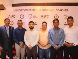 (from left to right) Sudharsanan Nair, Savio Medaira,  Kishor Taid, Thangboi Singto, Derrick Pereira & Dinesh Nair during the launch of the Association of Indian Football Coaches (AIFC).