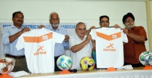 (From left to right) Shodhna Shetty, Treasurer, MDFA, Souter Vaz. Hon. General Secretary, WIFA, U. Banerjee. Gen. Secretary, MDFA, Sameer Mehta, Country Head, Soccer International Pvt. Ltd., Vector X and Dara Matharu, Brand Manager, Vector X at the Press Conference on Saturday.