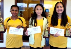 Malaysian champions (from left to right) Sehveetrraa Kumar (girl's U-13), Anrie Goh (girl's U-11) and Aira Azman (girl's U-15) winners of the Bombay Gymkhana organised 9th Indian Junior Open Squash tournament.