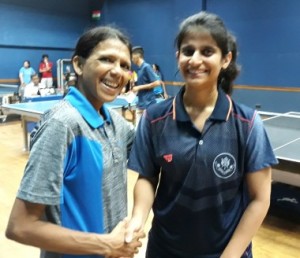 Aneesha Mirchandani( Right) being congratulated by her Partner Maria D'sa after winning the crucial match for Hindu Gymkhana in the MCDTTA Women's 2nd division Inter Club TT league. 