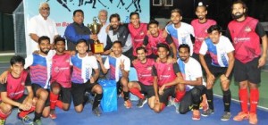 Champions… CTC players are seen in a jubilant mood as they pose with the Late Victor D’Mello Memorial Trophy after emerging champions in the Men’s Open competition of the WCG 41st Rink Hockey Tournament.