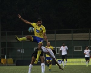 Mumbai FC Central defender Pratik Choudhary clears the ball  during the concluding I-League match against East Bengal at the Cooperage ground.