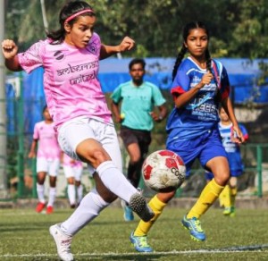 SP Football Academy midfielder Valencia D’Mello take a shot at the Snigmay FC goal during their WIFA Women’s Football League played at the Cooperage Football ground.