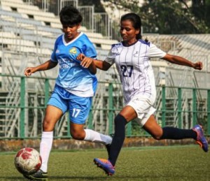 Pacangan’s Samiksha Powar (left) and Next Sports Academy midfielder Nasrin Mondal challenge for ball possession during their WIFA Women’s Football League 