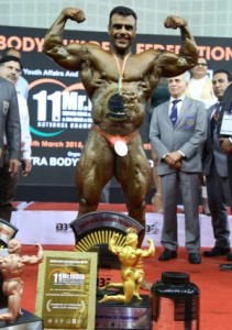 Ram Niwas of Railways poses with his trophy after winning the 11th Mr India Senior Men’s and Women’s Body Building championship 2018