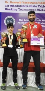 Photo caption: Jash Modi (left) and Ravindra Kotiyan, both of TSTTA, Mumbai, claimed the Boy’s under-19 singles and Men’s singles crowns respectively in the RYP-Dr. Ramesh Yashwant Prabhoo Memorial 1st Maharashtra State Ranking Table Tennis Tournament 2021-2022.