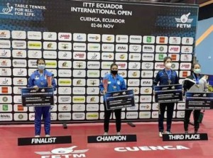 Indian paddler Reeth Tennison (centre) who emerged women’s singles champion is flanked by teammate Ankita Das (left) who was runner-up and the losing semi-finalists Nathaly Paredes of Ecuador and Mexico’s Clio Barcenas.