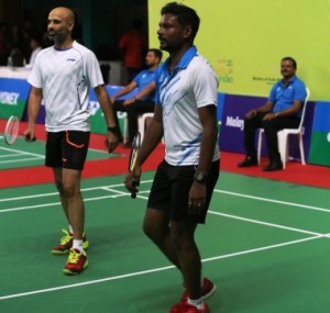 Sanave Thomas and Rupesh Kumar in action during the Manorama BWF World Senior Badminton Championship in Kochi.