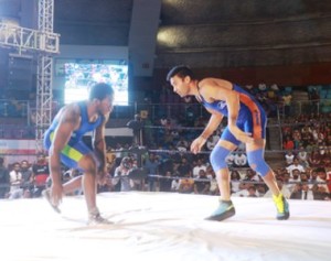 Sangram Sing wins the 1st KD Jadhav Memorial International Kusti Championship beating American Wrestler Kevin Radford here in Delhi in front of a packed  house