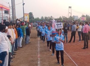 Mumbai Kho Kho teams during March past at the Inter District Kho Kho tournament.