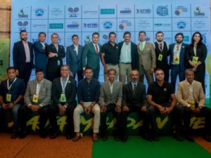 Leander Paes and Co-Founder of TPL Kunal Thakur ( To Leanders left) pose with the team owners and mentors at the auction of the 2nd Tennis Premier League held in Mumbai.