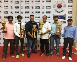 Representatives of the five individual teams which finished amongst the top 5 positions pose with their trophies at the end of of the inaugural Mumbai Consul General Cup National Taekwondo Championship.