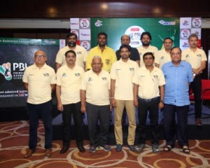 Teams Owners and League Promoters Atul Pandey, Executive Director of SportzLive along with Badminton Association of India officials during the PBL Season 3 Announcement in Chennai.