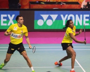 The duo of PV Sindhu and Chris Adcock playing mixed doubles match at PBL-2 