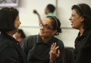  Anagha Josji( Centre)and Suhasini Bakre( Ext Right)   who won Women's 50+ and 60+ titles resp. in dicussion with 50+ finalist Trupti Machve. 