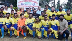 The victorious Udaya Sports Club players pose with the Adv A.R. Kudrolli Trophy after defeating Jaihind SC 2-1 in the final  