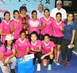 Champions… Central Railway players are seen in a jubilant mood as they pose with the ‘Champions’ trophy along with Chief Guest, Lorraine Martin (centre), Assistant Joint Secretary, WCG.